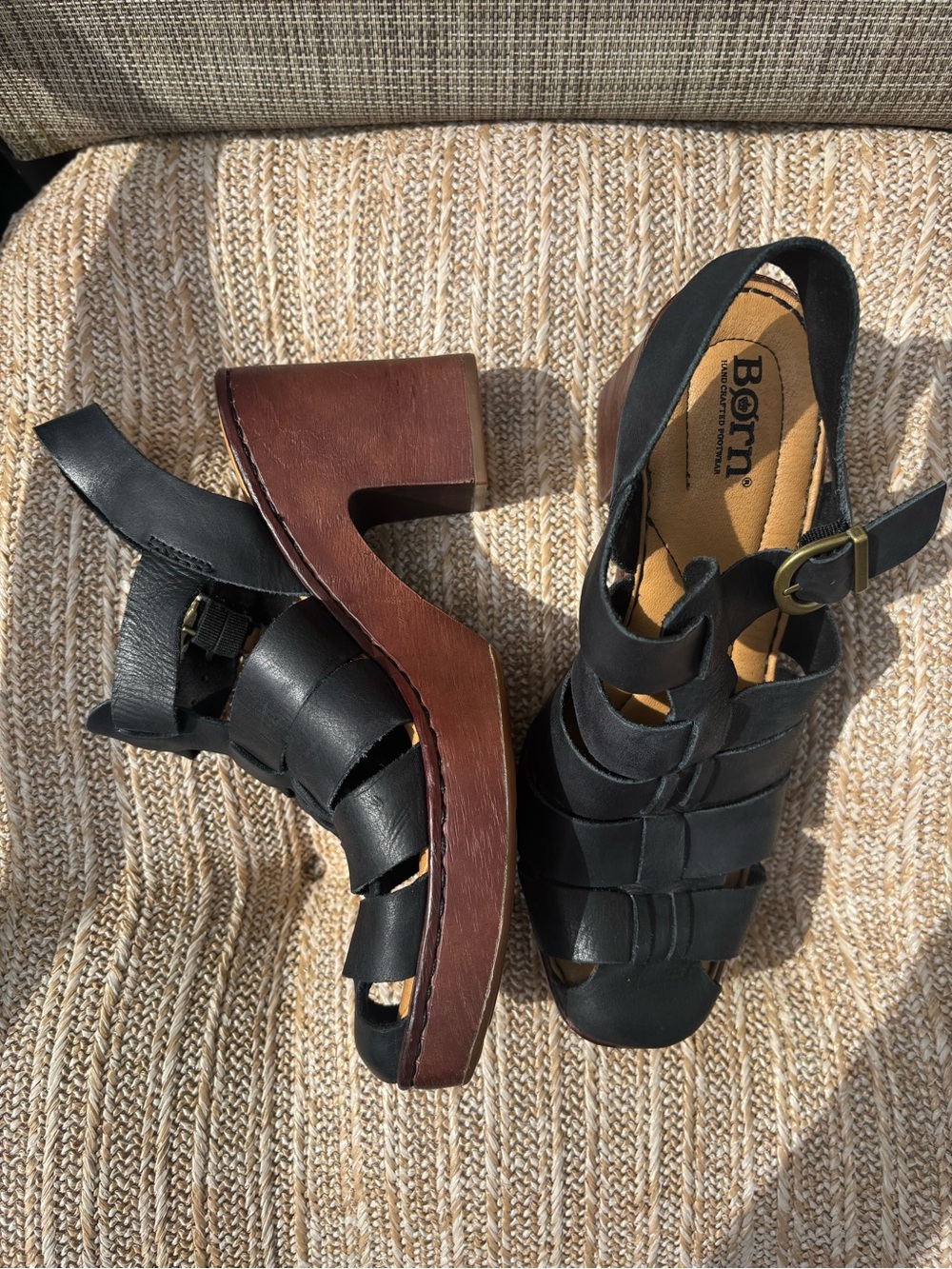 Born Black Leather Platform Sandals with Wood-Tone Heel - Picture 2 of 4